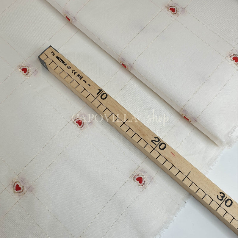 Tessuto misto lino H 175 cm - CUORI ROSSI/LUREX FONDO BIANCO
