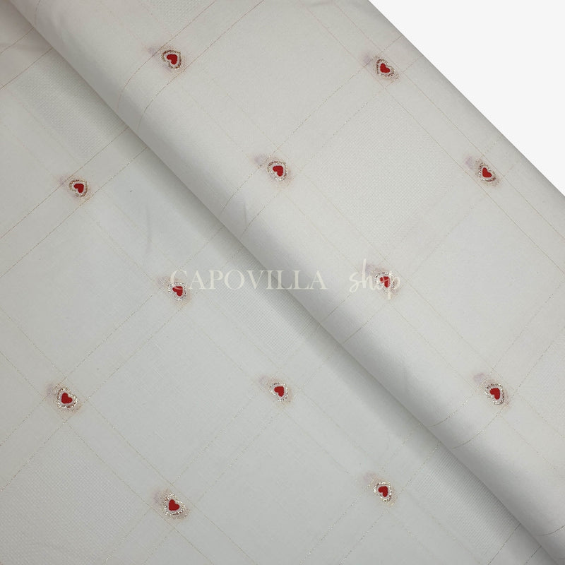 Tessuto misto lino H 175 cm - CUORI ROSSI/LUREX FONDO BIANCO